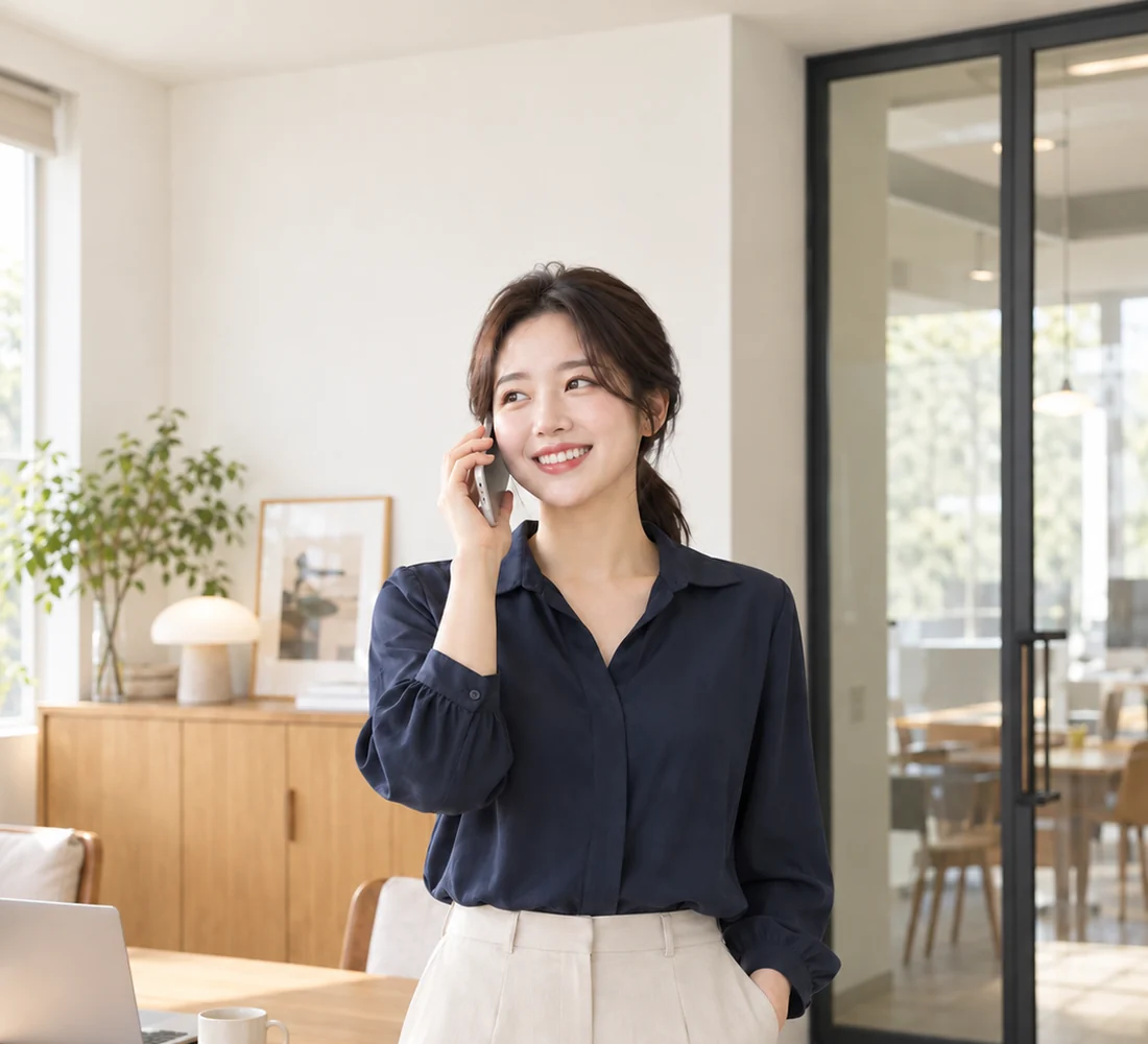 밝은 상담 자리에서 서류를 펴 놓고 웃으며 이야기하는 직장인 고객